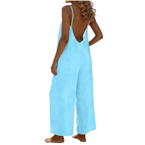 Summer Backless Jumpsuits Womens Casual Vacation Wide Leg Spaghetti Strap Rompers Beach Vacation Clothes Light Blue, L