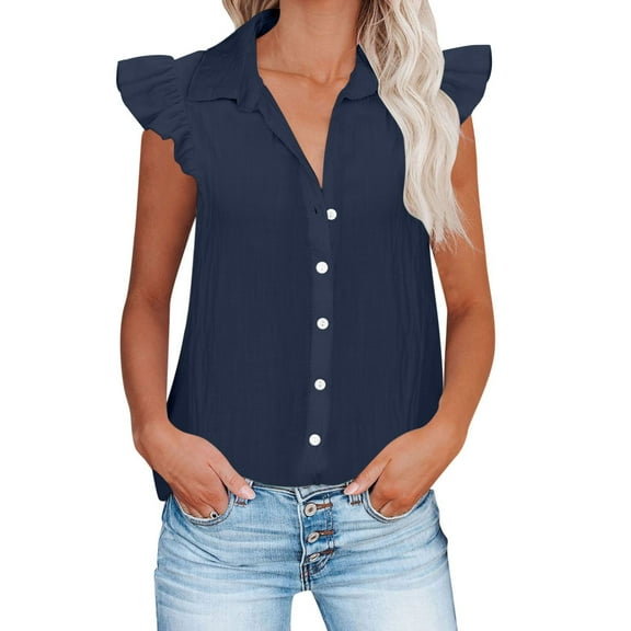 Summer Bamboo Cotton Tops For Women Ruffle Cap Sleeve Shirts Button Down Tunic Top V Neck T-Shirts Plain Trendy Tees Shirt Lightweight Work Blouses