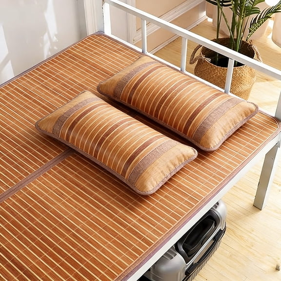 Summer Bamboo Sleeping Mat, With pillowcase Foldable Double Sided for Bed, Mattress Topper Twin Queen Cool for Living Bedroom Floor