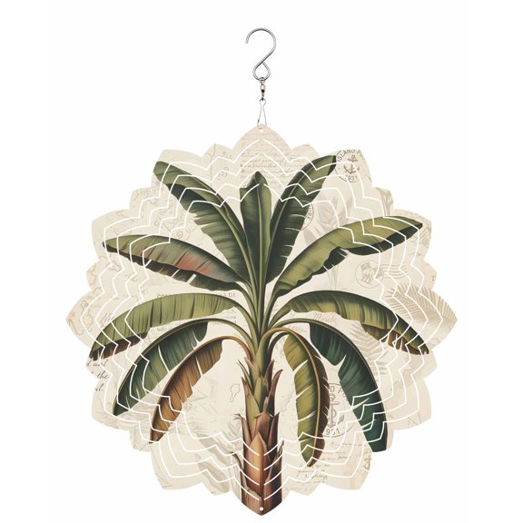 Summer Banana Tree Wind Spinner for Garden Yard 8In, Vintage Country Tropical Coastal Green Tree Leaf 3D Stainless Steel Kinetic Hanging Wind Spinners Rustproof Outdoor Decor for Lawn Patio Home