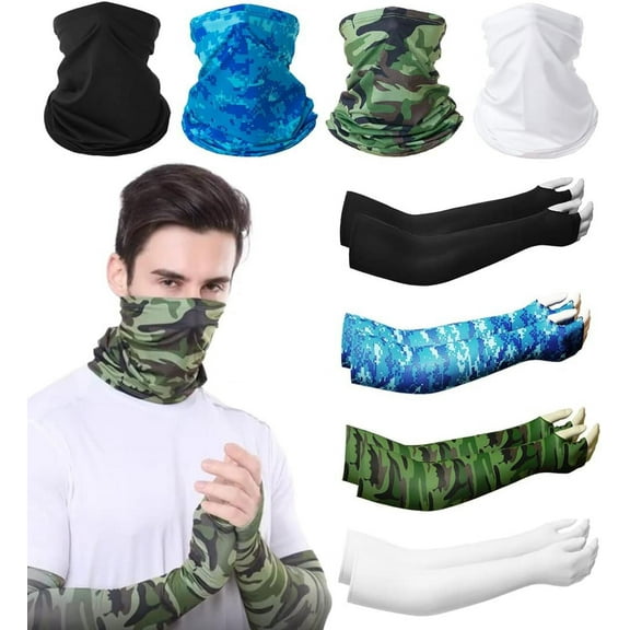 Summer Bandana UV Protection Face Cover Neck Gaiter Scarf and Ice Silk Cooling Arm Sleeves With Thumb Holes