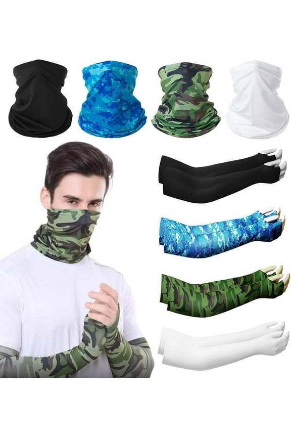 Summer Bandana UV Protection Face Cover Neck Gaiter Scarf and Ice Silk Cooling Arm Sleeves With Thumb Holes