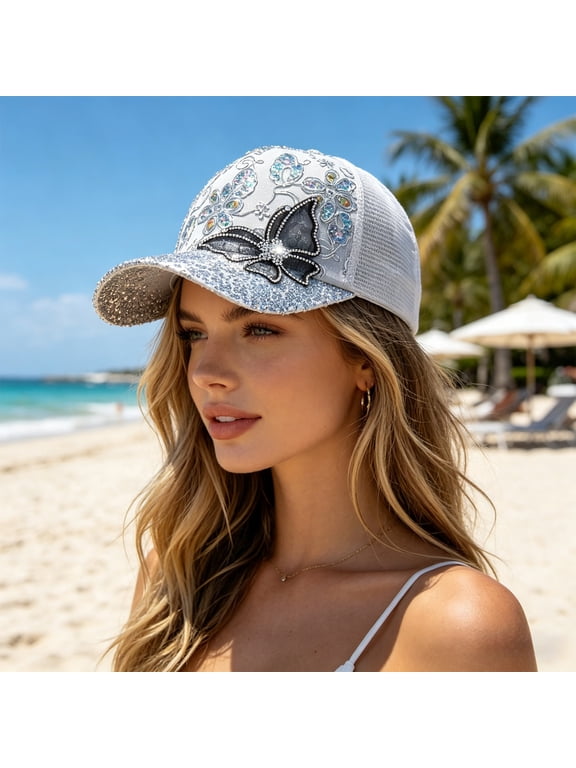 Summer Baseball Hats for Women, Bling Rhinestone Butterfly Sequin Mesh Back Sun Hat, Adjustable Breathable Casual Trendy Cap for Outdoor Activities, Picnics, Hiking & Casual Daily Wear