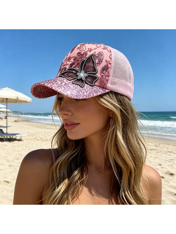 Summer Baseball Hats for Women, Bling Rhinestone Butterfly Sequin Mesh Back Sun Hat, Adjustable Breathable Casual Trendy Cap for Outdoor Activities, Picnics, Hiking & Casual Daily Wear