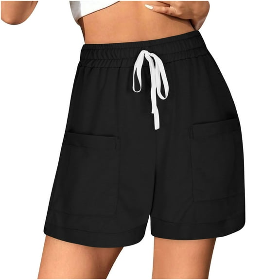 Summer Basic Shorts For Women Solid Color Drawstrings Short Pant High Waisted Elastic Pants Loose Fitting Leisure Bottoms with Pocket