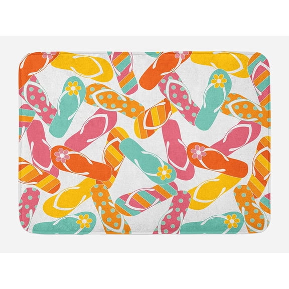 Summer Bath Mat, Colorful Bunch Flip Flops Sandals Pattern Relax Holiday Sunbath Theme Groovy Graphic, Plush Bathroom Decor Mat with Non Slip Backing, 29.5" X 17.5", Yellow Pink
