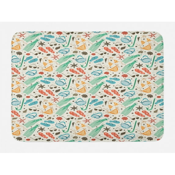 Summer Bath Mat, Continuous Beach Accessories in Vintage Colors Swimsuits Shells Flippers, Plush Bathroom Decor Mat with Non Slip Backing, 29.5" X 17.5", Ivory Multicolor, by Ambesonne