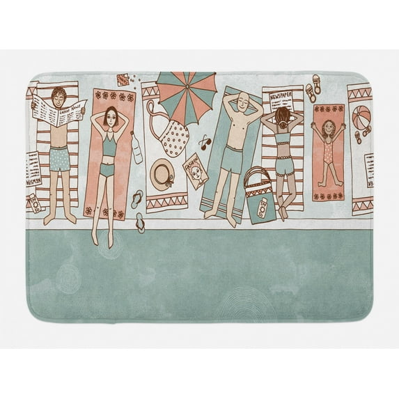 Summer Bath Mat, People Sunbathing by the Pool Swimming Beach Holiday Relax Hipster Graphic, Plush Bathroom Decor Mat with Non Slip Backing, 29.5" X 17.5", Pale Teal and Coral, by Ambesonne