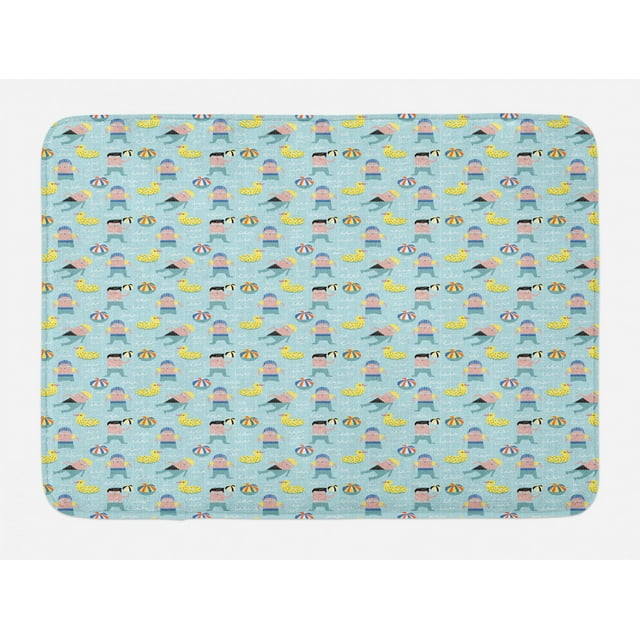 Summer Bath Mat, Young Boys Swimming in the Pool with Balls and Duck Floats Drawn by Hand, Plush Bathroom Decor Mat with Non Slip Backing, 29.5" X 17.5", Pale Teal Multicolor, by Ambesonne