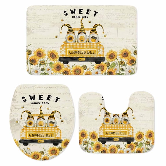 Summer Bathroom Rugs Set Sunflower Gnome Yellow Plaid Truck Vintage Non Slip Absorbent Soft Bath Mats 3 Piece Set with Bathroom Rug, U-Shaped Floor Mat, Toilet Seat Cover Small Size