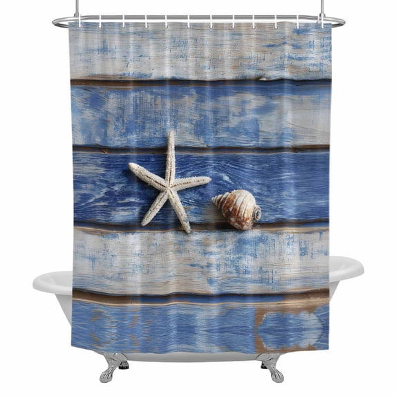 Summer Bathroom Shower Curtain, Beach Starfish Shell Blue Gradient Wood Grain Modern Waterproof Washable Soft Bath Curtain for Bathtub Decor with 12 Hooks&Grommet, 72x72 Inch