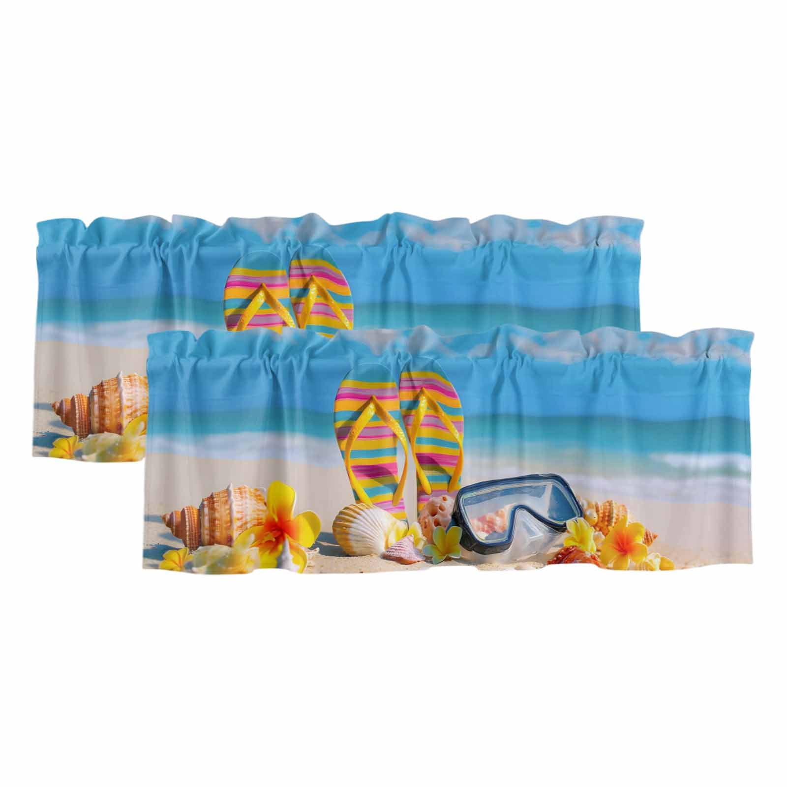 Rod Wave Fall Summer Beach 2 Panels Kitchen Valance, Seaside Blue Sky Sand Sea Wave ...