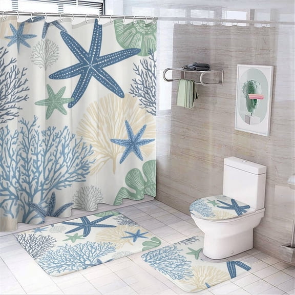 Summer Beach-2 Shower Curtain Sets Non-Slip Rugs Bath Mat Toilet Cover U Shaped Mat 4 Pcs