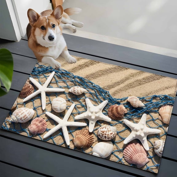 Summer Beach 2x3 Area Rugs for Living Room, Seaside Starfish Shell Fishing Net Conch Sand Non Slip Floor Mat Washable Low-Profile Indoor Carpet for Bedroom, Dining Room, Bathroom