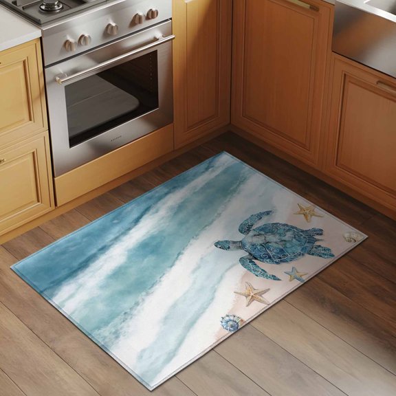 Summer Beach 2x3 Rug for Entryway Front Door Kitchen Sink Area, Abstract Gradient Green Ocean Waves Turtle Starfish Low Pile Washable Non Slip Rectangle Area Rug