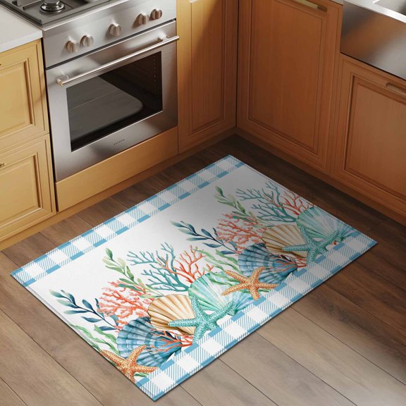 Summer Beach 2x3 Rug for Entryway Front Door Kitchen Sink Area, Ocean Colorful Coral Shell Starfish Seaweed Blue Plaid Low Pile Washable Non Slip Rectangle Area Rug