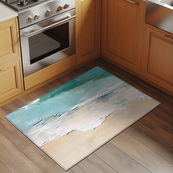 Summer Beach 2x3 Rug for Entryway Front Door Kitchen Sink Area, Teal Beige Ombre Wave Texture Painting Style Low Pile Washable Non Slip Rectangle Area Rug