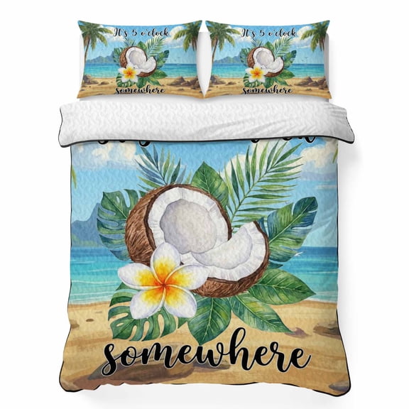 Summer Beach 3 Piece Quilt Bedding Set with 2 Pillow Shams, It's 5 O'clock Somewhere Tropical Coconut Floral Lightweight Bedspread Coverlet, Soft Breathable All Season Quilt, 68 x 86 Inch