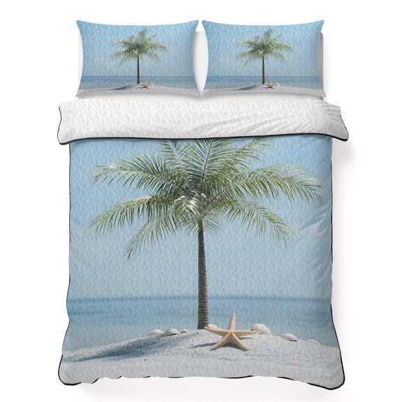 Summer Beach 3 Piece Quilt Bedding Set with 2 Pillow Shams, Ocean Palm Tree Blue Sky Shore Starfish Scenery Lightweight Bedspread Coverlet, Soft Breathable All Season Quilt, 68 x 98 Inch