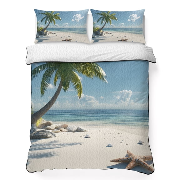 Summer Beach 3 Piece Quilt Bedding Set with 2 Pillow Shams, Ocean Palm Tree Sky Starfish Shell Scenery Lightweight Bedspread Coverlet, Soft Breathable All Season Quilt, 68 x 98 Inch