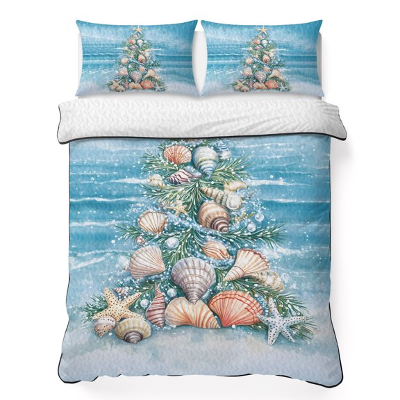 Summer Beach 3 Piece Quilt Bedding Set with 2 Pillow Shams, Ocean Wave Marine Life Starfish Shell Tree Lightweight Bedspread Coverlet, Soft Breathable All Season Quilt, 68 x 86 Inch
