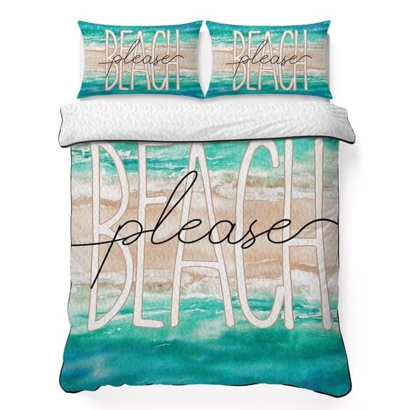 Summer Beach 3 Piece Quilt Bedding Set with 2 Pillow Shams, Peace Ocean Waves Lightweight Bedspread Coverlet, Soft Breathable All Season Quilt, 96 x 106 Inch