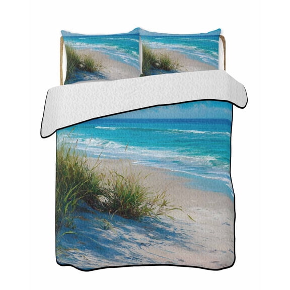 Summer Beach 3 Piece Quilt Bedding Set with 2 Pillow Shams, Realistic Green Weed Coastal Scenery Blue Sky Wave Lightweight Bedspread Coverlet, Soft Breathable All Season Quilt, 68 x 86 Inch