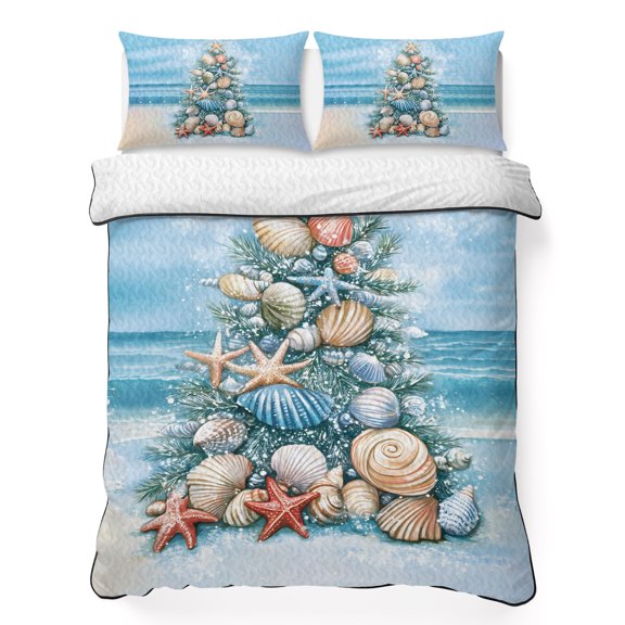 Summer Beach 3 Piece Quilt Bedding Set with 2 Pillow Shams, Shell Starfish Coastal Marine Life Tree Lightweight Bedspread Coverlet, Soft Breathable All Season Quilt, 68 x 98 Inch