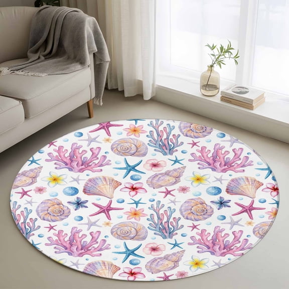 Summer Beach 3' Round Rug for Bathroom Accent Bedside Corner, Ocean Starfish Shell Coastal Conch Coral Flower Washable Non Slip Circle Area Rug for Small Spaces