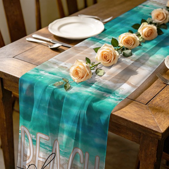 Summer Beach 4.5 ft Cheesecloth Table Runner for Wedding 19"x55", Peace Ocean Waves Kitchen Dinner Sheer Tulle Chiffon Dresser Scarf, Holiday Party Decorations