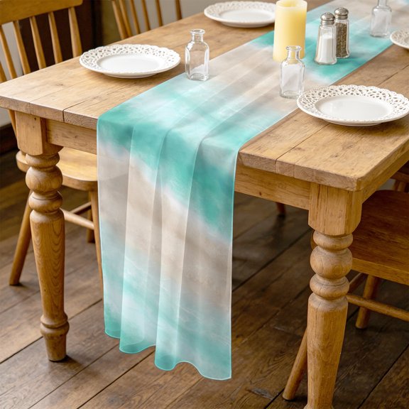 Summer Beach 4.5ft Cheesecloth Table Runner for Wedding 19"x55", Teal Green Gradient Ocean Wave Beige Sand Abstract Kitchen Dinner Sheer Tulle Chiffon Dresser Scarf, Holiday Party Decorations