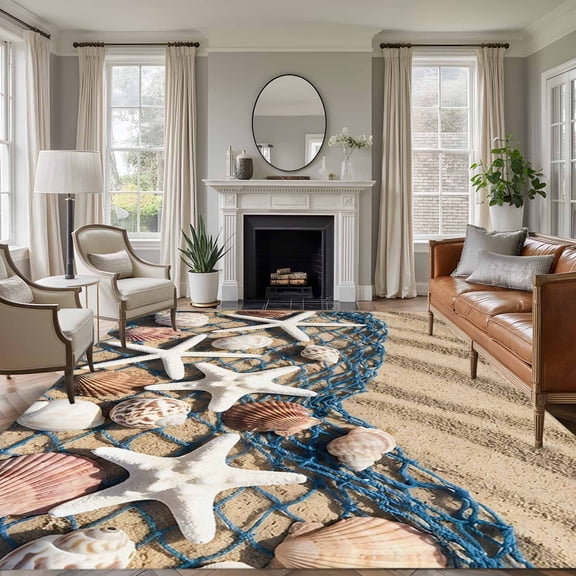 Summer Beach 5x7 Area Rugs for Living Room, Seaside Starfish Shell Fishing Net Conch Sand Non Slip Floor Mat Washable Low-Profile Indoor Carpet for Bedroom, Dining Room, Bathroom