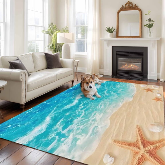 Summer Beach 5x8 Rug for Bedroom Under Queen Bed Placement, Teal Blue Ocean Waves Beige Sand Starfish Shells Washable Non Slip Large Rectangle Area Rug