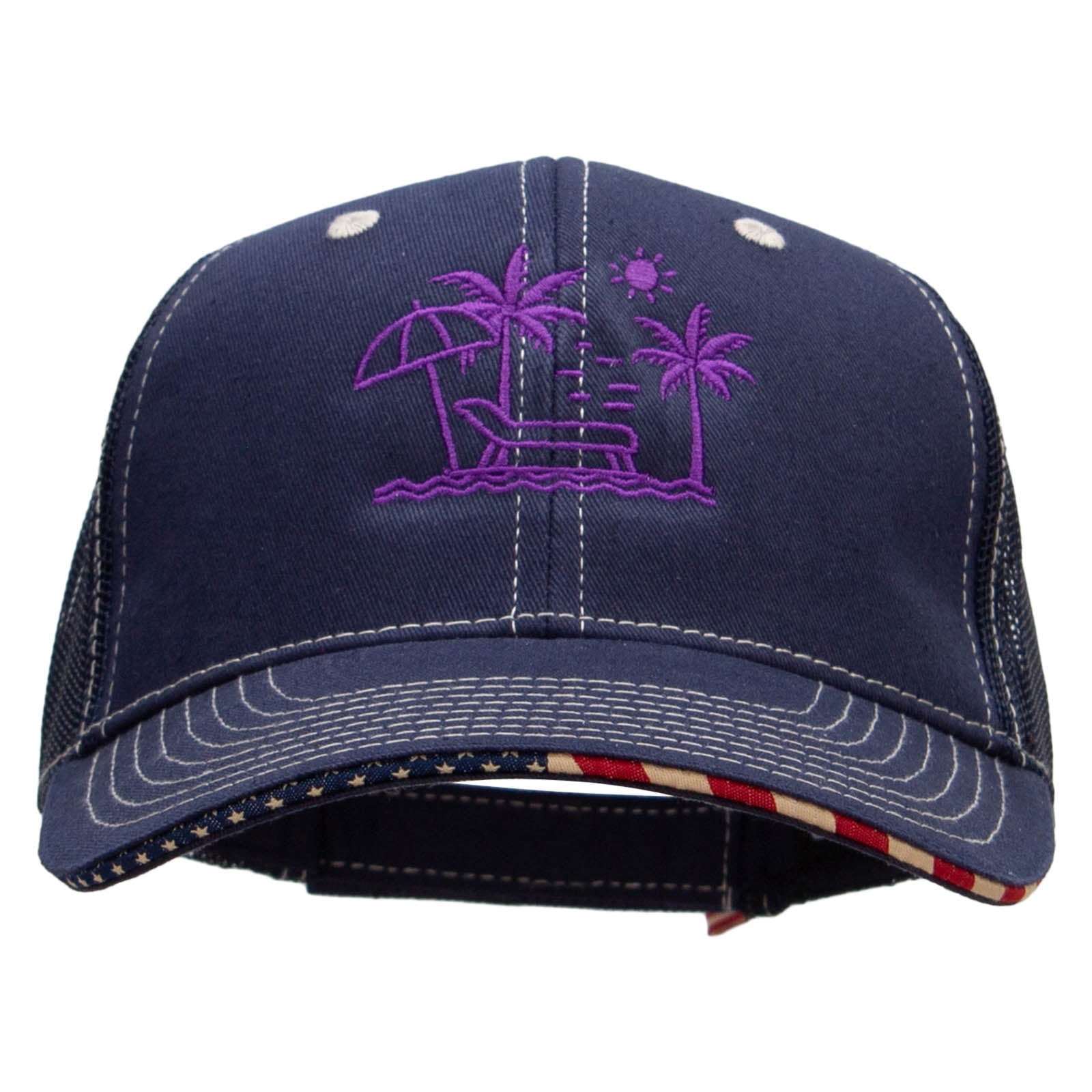 6-Panel Mesh American Flag Trucker Cap - Navy Blue, Adjustable Snapback, Structured