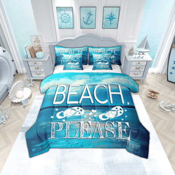 Summer Beach 7 Piece Comforter Set Full Bed in a Bag,Hawaii Flip Flops Bedding Set Sea Palm Tree Sheet Sets with Comforter Blue Ocean Bed Set,The Lake House Farmhouse Decor