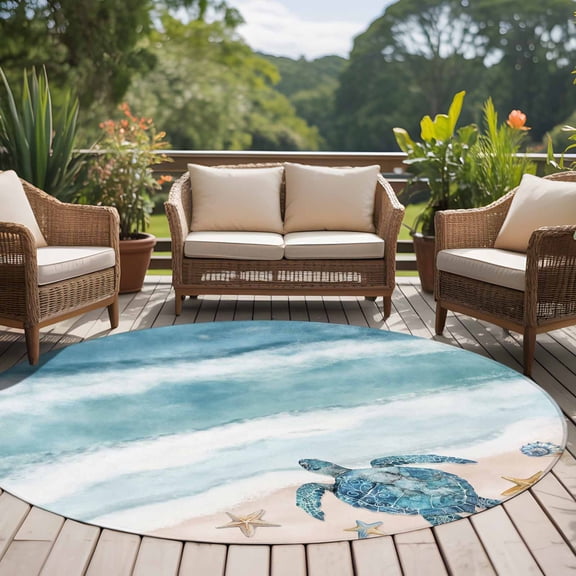 Summer Beach 8ft Round Rug for Open Concept Living Room Seating Zone, Abstract Gradient Green Ocean Waves Turtle Starfish Washable Non Slip Large Circle Area Rug
