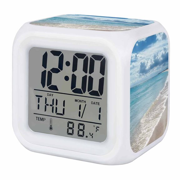 Summer Beach Alarm Clock, Ocean Waves Sky Cloud Scenery Shore Digital Clock Night Light with 7 Color, Calendar Temperature Display, LED Desk Small Clock for Bedrooms Bedside Living Room