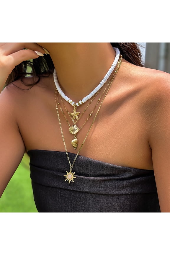 Summer Beach Alloy & White Polymer Clay Heishi Beads Starfish Shell Sun Pendant Multi Layered Necklaces for Women Golden 13.78~21.65 inch(35~55cm) DIY