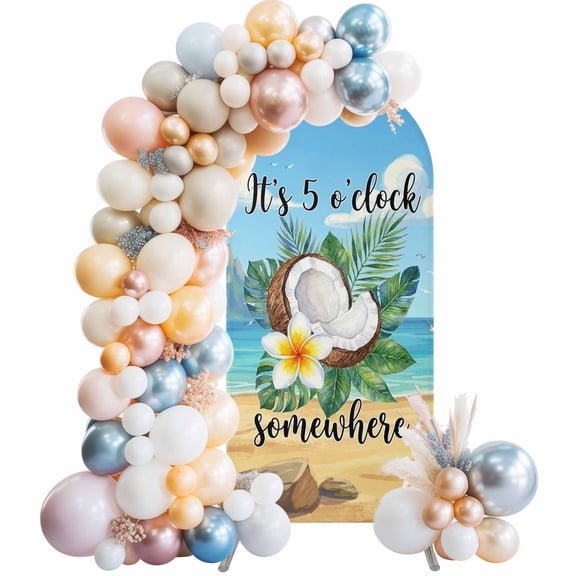 Summer Beach Arch Backdrop Cover 4 FT It's 5 O'clock Somewhere Tropical Coconut Floral Stretchy Elastic Arch Stand Covers Spandex Arched Background Birthday Wedding Party Decoration (No Stand)