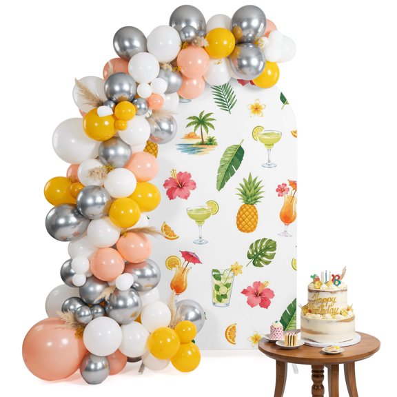 Summer Beach Arch Backdrop Cover 4FT Tropical Coastal Pineapple Palm Tree Coconut Floral Spandex Fitted Arch Covers Stretchy Backdrop Decoration for Wedding Birthday Graduation Party