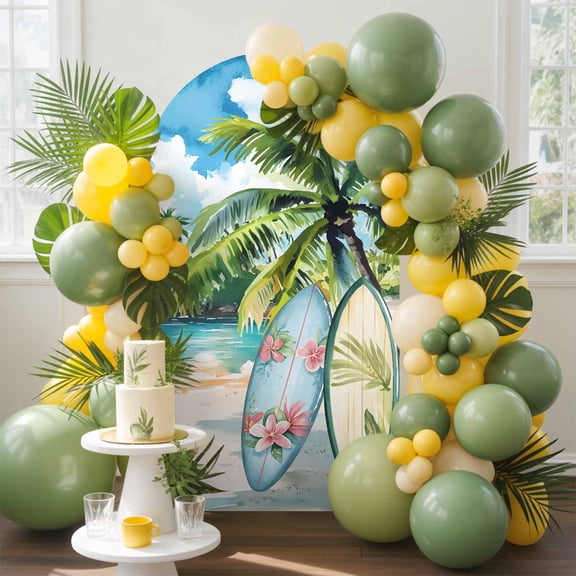 Summer Beach Arch Backdrop Cover, 6FT, Backboard Coconut Tree Modern Ocean Scenery Spandex Arch Covers Double-Sided Backdrop for Wedding Birthday Party Photo Background Decoration