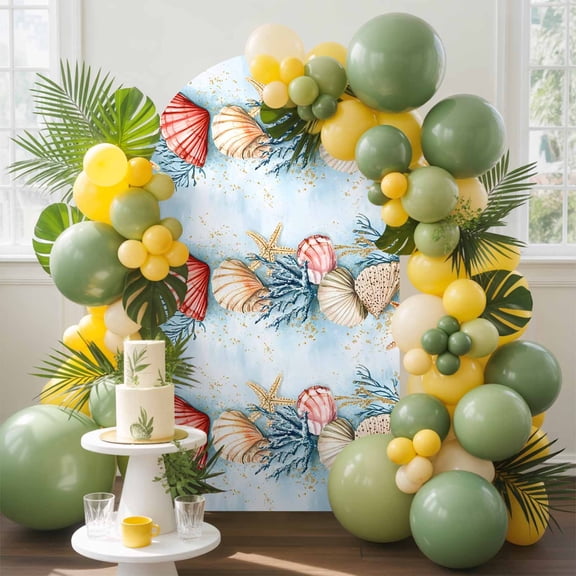 Summer Beach Arch Backdrop Cover, 7.2FT, Theme Shell Starfish Coral Nautical Coastal Spandex Arch Covers Double-Sided Backdrop for Wedding Birthday Party Photo Background Decoration