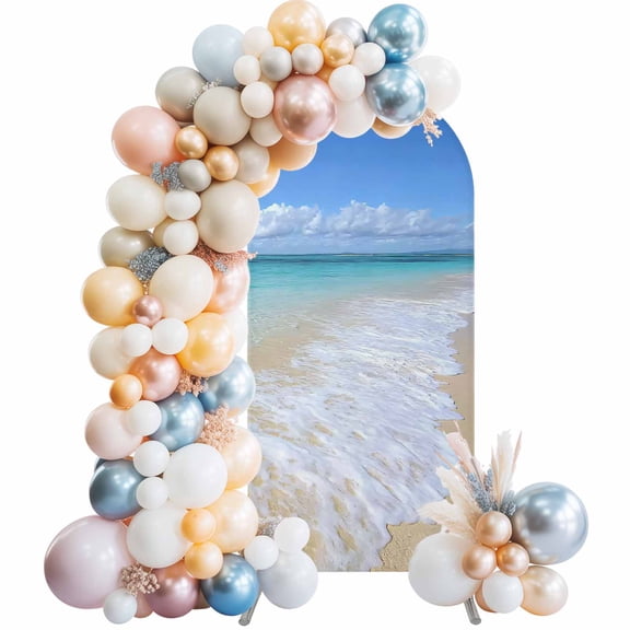Summer Beach Arch Backdrop Cover, Spandex Fitted Wedding Arch Cover, Oceans Seaside Sky Coastal Landscape Round Top Stand Covers for Birthday Ceremony Bridal Shower Party Decor 5x2.1 Ft