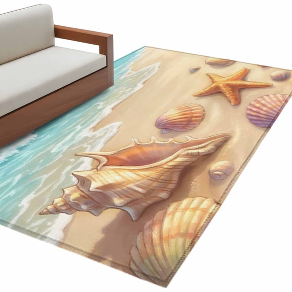 Summer Beach Area Rug 3x5 Washable Rug Non Slip Coastal Ocean Waves Sandy Conch Starfish Large Area Rug Indoor Floor Carpet for Entryway Bedroom Kitchen Living Room Home Office Dining Room Nursery