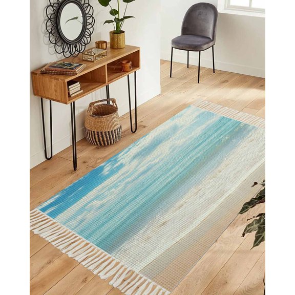 Summer Beach Area Rug 3x5ft Woven Runner Rug, Ocean Waves Coastal Blue Washable Living Room Hallway Bedroom Kitchen Carpet with Tassels, Non-Shedding Indoor Outdoor Throw Door Mat for Entryway