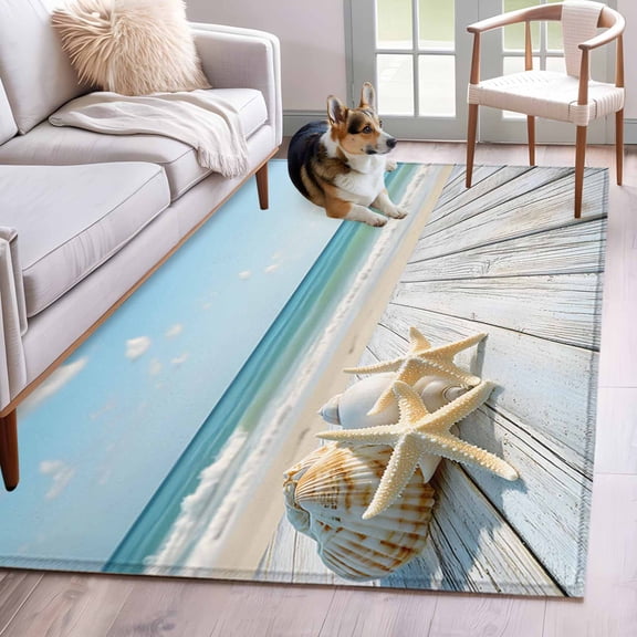 Summer Beach Area Rug 4x6 Washable Rug Non Slip Ocean Coastal Starfish Seashells Blue Sky Large Area Rug Indoor Floor Carpet for Entryway Bedroom Kitchen Living Room Home Office Dining Room Nursery