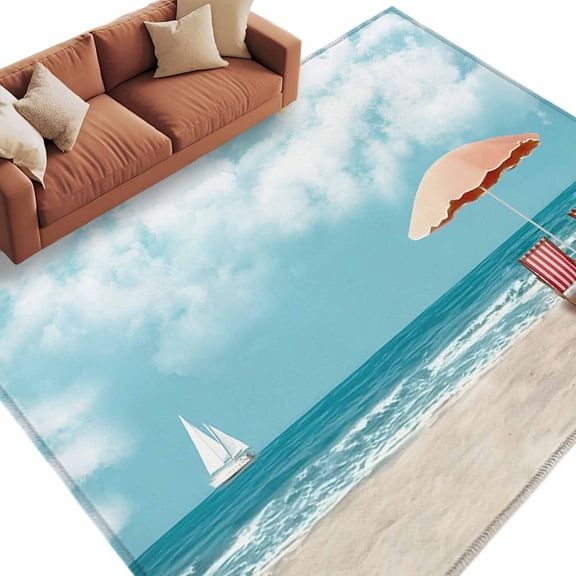 Summer Beach Area Rug 5x7 Washable Rug Non Slip Nautical Coastal Seaside Clouds Blue Sky Large Area Rug Soft Stainresistant Indoor Floor Carpet for Living Room Bedroom Home Office Dining Room Nursery