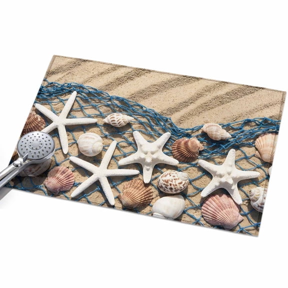 Summer Beach Area Rugs 2x3ft Seaside Starfish Shell Fishing Net Conch Sand Floor Rug Non Slip Low Pile Ultra Soft Throw Carpet for Entryway Indoor Entrance Kitchen Bathroom