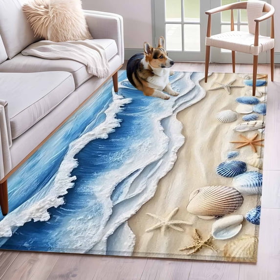 Summer Beach Area Rugs 4x6 ft Seashell Starfish Nautical Coastal Washable Rug Non Slip Indoor Carpet Absorbent Floor Mat for Living Room Bedroom Dining Room