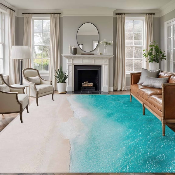 Summer Beach Area Rugs 6'x9', Washable Small Throw Rugs for Kitchen Dining room, Teal Green Seaside Turquoise Ombre Indoor Outdoor Rug Non-Slip Low Pile Carpet Runner Reversible Floor Mats
